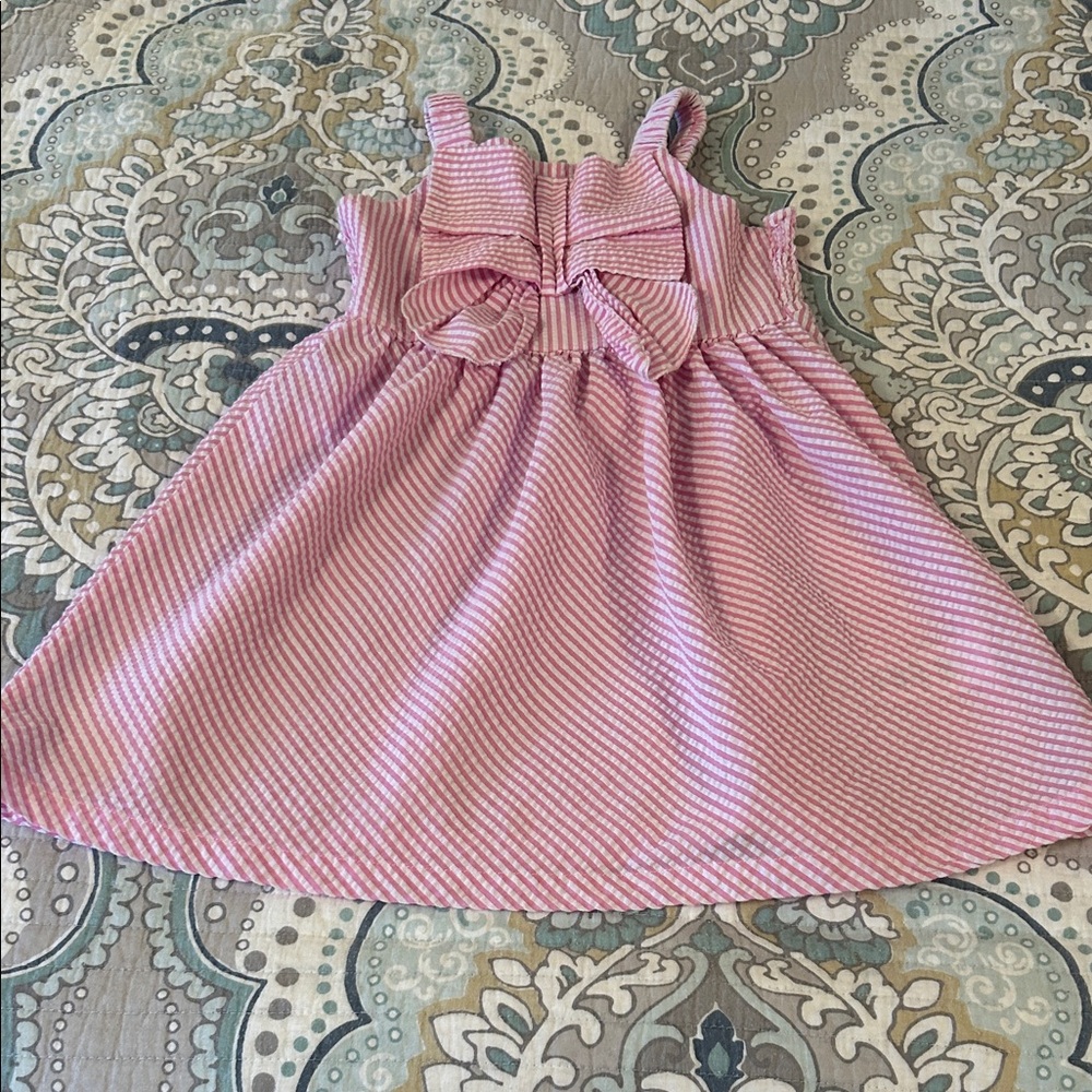 Blueberi Boulevard Pink and White Striped Seersucker Girls Dress with Bow